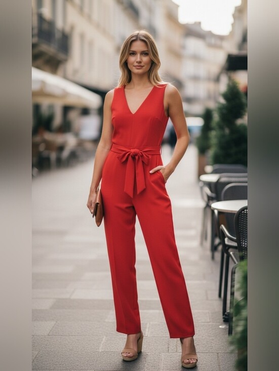 Sam Edelman Pants - Sam Edelman Red Sleeveless Jumpsuit Women's Size 4 | Tie Waist Wide Leg Pockets